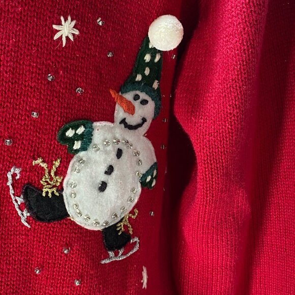Tiara International VTG Christmas Snowman Red Cardigan Sweater Zipper Front & Po - Picture 2 of 12